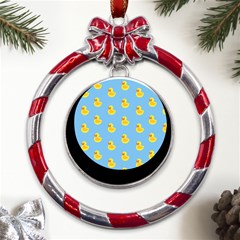 Rubber Duck Pattern Metal Red Ribbon Round Ornament