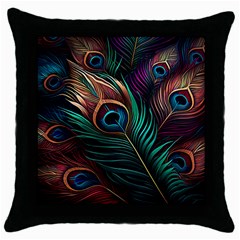 Peacock Feathers Nature Feather Pattern Throw Pillow Case (black) by pakminggu