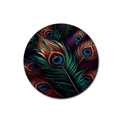 Peacock Feathers Nature Feather Pattern Rubber Round Coaster (4 Pack) by pakminggu