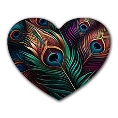 Peacock Feathers Nature Feather Pattern Heart Mousepad by pakminggu