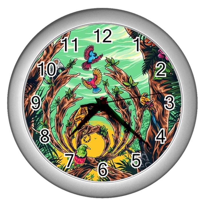 Monkey Tiger Bird Parrot Forest Jungle Style Wall Clock (Silver)