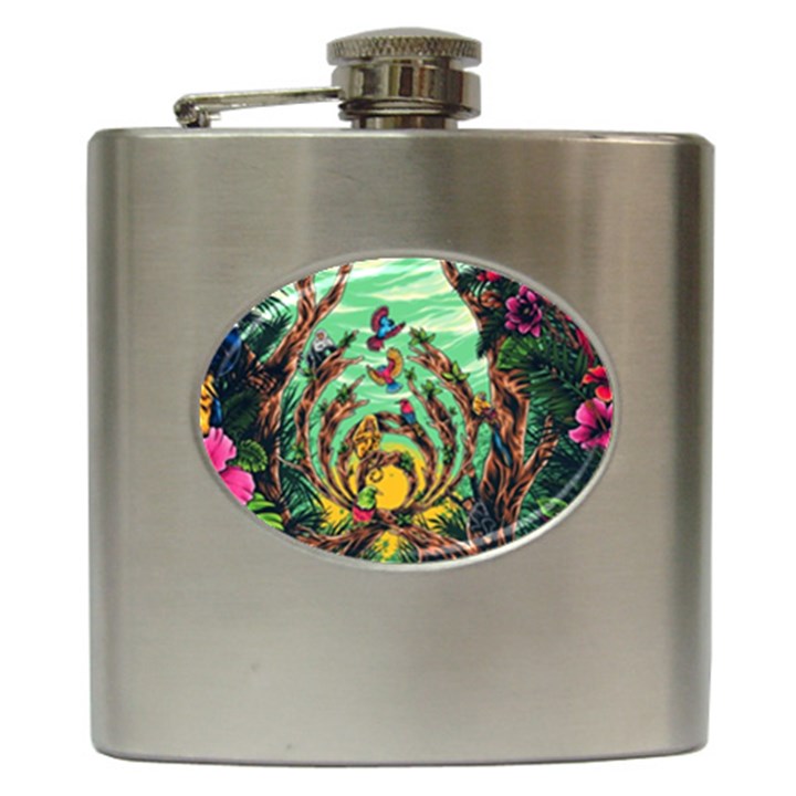 Monkey Tiger Bird Parrot Forest Jungle Style Hip Flask (6 oz)