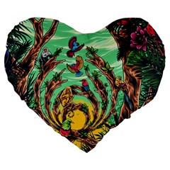 Monkey Tiger Bird Parrot Forest Jungle Style Large 19  Premium Heart Shape Cushions by Grandong