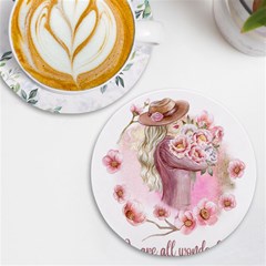 Women With Flower Uv Print Round Tile Coaster by fashiontrends