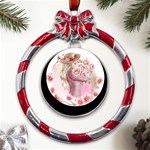 Women with flower Metal Red Ribbon Round Ornament Front