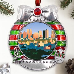 City Buildings Urban Dawn Metal X mas Ribbon With Red Crystal Round Ornament by Bangk1t