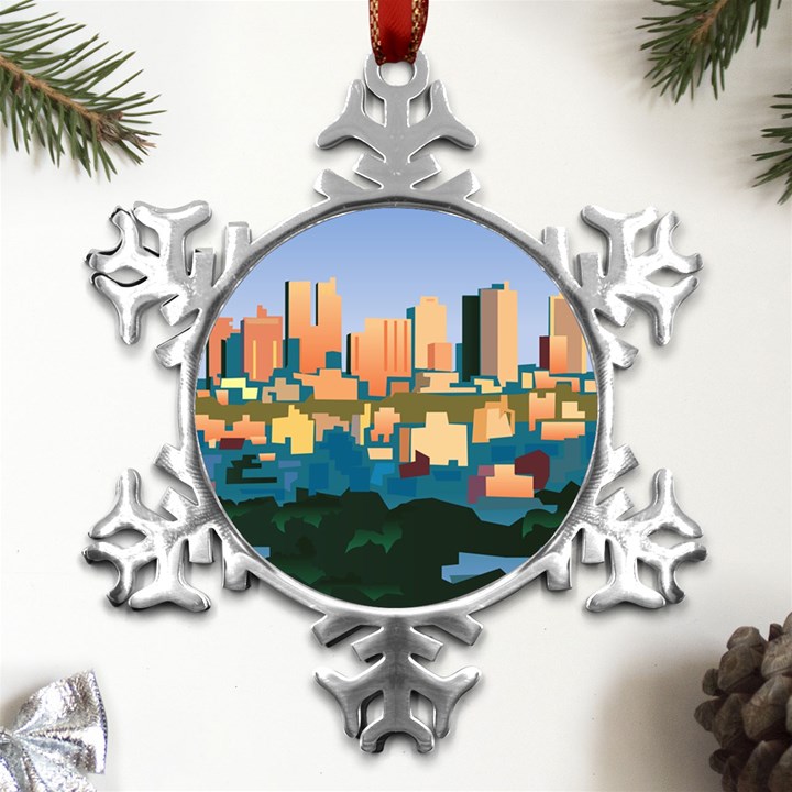 City Buildings Urban Dawn Metal Small Snowflake Ornament