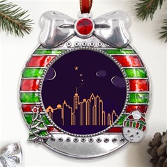 Skyscraper Town Urban Towers Metal X mas Ribbon With Red Crystal Round Ornament by Bangk1t