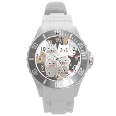 Cute Cats Seamless Pattern Round Plastic Sport Watch (l) by Bangk1t