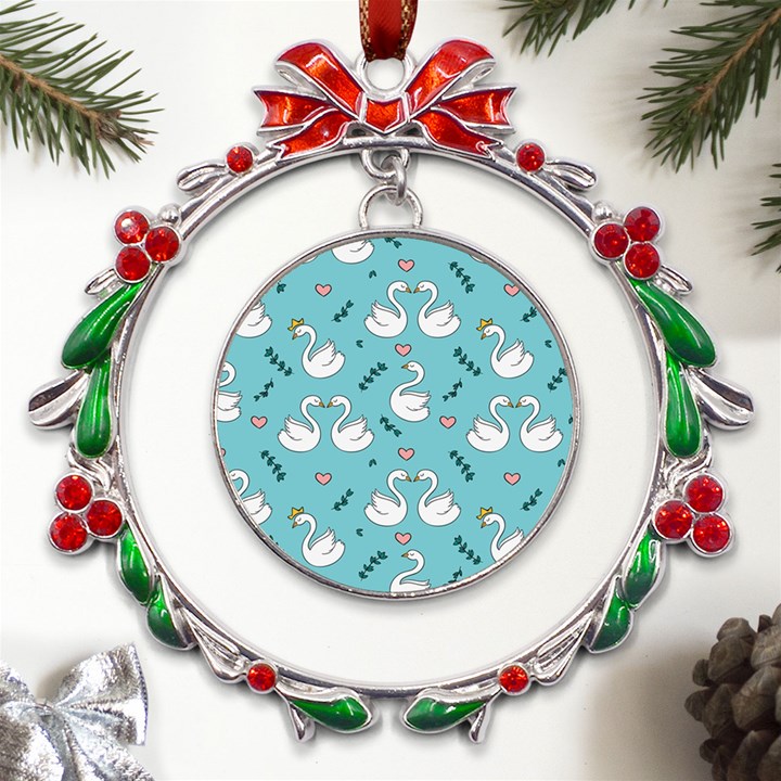 Elegant Swan Pattern Design Metal X mas Wreath Ribbon Ornament