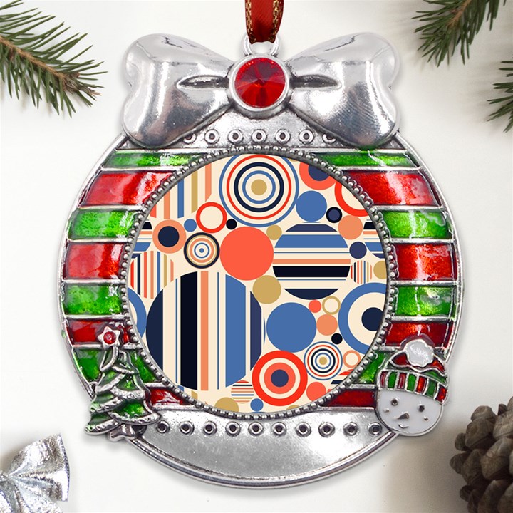 Geometric Abstract Pattern Colorful Flat Circles Decoration Metal X Mas Ribbon With Red Crystal Round Ornament