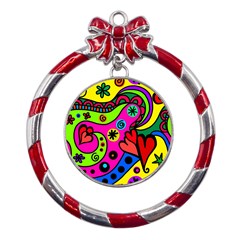 Seamless Doodle Metal Red Ribbon Round Ornament