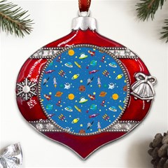 Space Rocket Solar System Pattern Metal Snowflake And Bell Red Ornament by Bangk1t