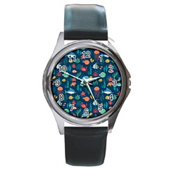 Variety Of Fish Illustration Turtle Jellyfish Art Texture Round Metal Watch by Bangk1t