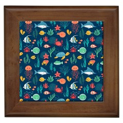 Variety Of Fish Illustration Turtle Jellyfish Art Texture Framed Tile by Bangk1t