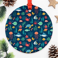 Variety Of Fish Illustration Turtle Jellyfish Art Texture Ornament (round) by Bangk1t