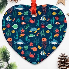 Variety Of Fish Illustration Turtle Jellyfish Art Texture Ornament (heart)