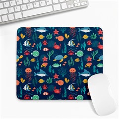 Variety Of Fish Illustration Turtle Jellyfish Art Texture Large Mousepad by Bangk1t