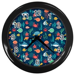 Variety Of Fish Illustration Turtle Jellyfish Art Texture Wall Clock (black) by Bangk1t