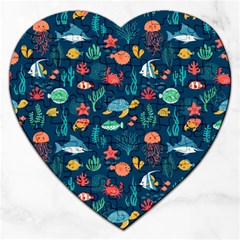 Variety Of Fish Illustration Turtle Jellyfish Art Texture Jigsaw Puzzle (heart) by Bangk1t