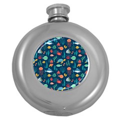 Variety Of Fish Illustration Turtle Jellyfish Art Texture Round Hip Flask (5 Oz) by Bangk1t