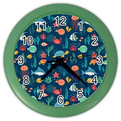 Variety Of Fish Illustration Turtle Jellyfish Art Texture Color Wall Clock by Bangk1t