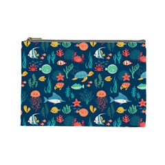 Variety Of Fish Illustration Turtle Jellyfish Art Texture Cosmetic Bag (large) by Bangk1t