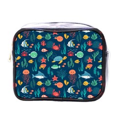 Variety Of Fish Illustration Turtle Jellyfish Art Texture Mini Toiletries Bag (one Side) by Bangk1t