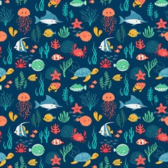 Variety Of Fish Illustration Turtle Jellyfish Art Texture Play Mat (square) by Bangk1t