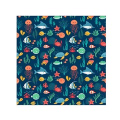 Variety Of Fish Illustration Turtle Jellyfish Art Texture Square Satin Scarf (30  X 30 ) by Bangk1t