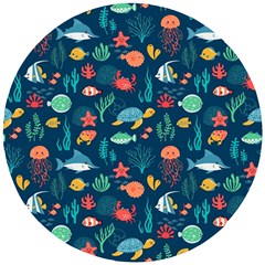 Variety Of Fish Illustration Turtle Jellyfish Art Texture Wooden Puzzle Round by Bangk1t