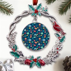 Variety Of Fish Illustration Turtle Jellyfish Art Texture Metal X mas Wreath Holly Leaf Ornament by Bangk1t