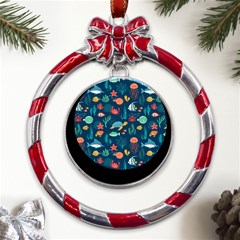 Variety Of Fish Illustration Turtle Jellyfish Art Texture Metal Red Ribbon Round Ornament by Bangk1t