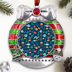 Variety Of Fish Illustration Turtle Jellyfish Art Texture Metal X mas Ribbon With Red Crystal Round Ornament by Bangk1t