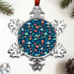 Variety Of Fish Illustration Turtle Jellyfish Art Texture Metal Small Snowflake Ornament