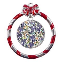 Purple Orange Green Blue Cartoon Metal Red Ribbon Round Ornament by Bangk1t