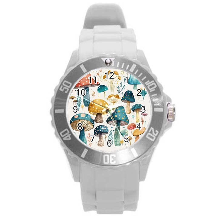 Mushroom Forest Fantasy Flower Nature Round Plastic Sport Watch (L)