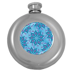 Flower Template Mandala Nature Blue Sketch Drawing Round Hip Flask (5 Oz) by Bangk1t