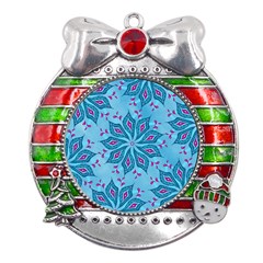 Flower Template Mandala Nature Blue Sketch Drawing Metal X mas Ribbon With Red Crystal Round Ornament by Bangk1t