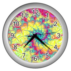 Fractal Spiral Abstract Background Vortex Yellow Wall Clock (silver) by Bangk1t