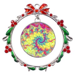 Fractal Spiral Abstract Background Vortex Yellow Metal X mas Wreath Ribbon Ornament