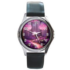 Trees Forest Landscape Nature Neon Round Metal Watch