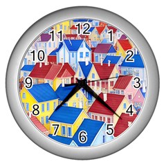 City Houses Cute Drawing Landscape Village Wall Clock (silver) by Bangk1t