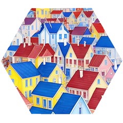 City Houses Cute Drawing Landscape Village Wooden Puzzle Hexagon by Bangk1t