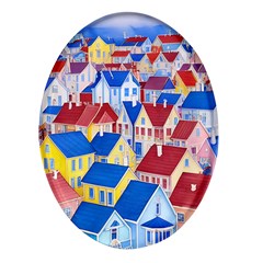 City Houses Cute Drawing Landscape Village Oval Glass Fridge Magnet (4 Pack)