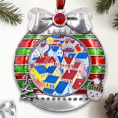 City Houses Cute Drawing Landscape Village Metal X mas Ribbon With Red Crystal Round Ornament by Bangk1t