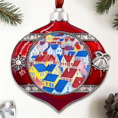 City Houses Cute Drawing Landscape Village Metal Snowflake And Bell Red Ornament