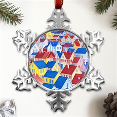 City Houses Cute Drawing Landscape Village Metal Small Snowflake Ornament by Bangk1t