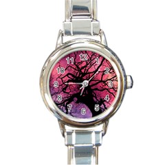 Trees Silhouette Sky Clouds Sunset Round Italian Charm Watch by Bangk1t