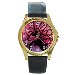 Trees Silhouette Sky Clouds Sunset Round Gold Metal Watch by Bangk1t